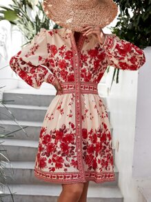 Floral Print Ruffle Trim Shirt Dress - Multicolor - View 3