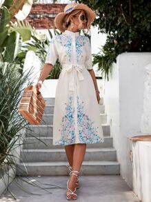 印花前排扣腰帶襯衫連衣裙 - 白色 - 查看 1