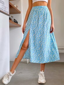 SHEIN VCAY Ditsy Floral Split Thigh Skirt - Baby Blue - View 1