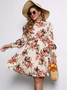 SHEIN Clasi Plus Floral Print Shirred Ruffle Hem Belted Dress - Multicolor - View 3