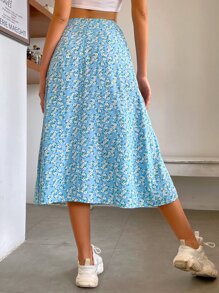 SHEIN VCAY Ditsy Floral Split Thigh Skirt - Baby Blue - View 2