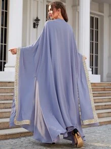 Al Najma Abaya brodé fleur & Robe ceinturée asymétrique - Prune - Voir 2