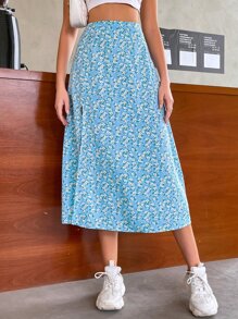 SHEIN VCAY Ditsy Floral Split Thigh Skirt - Baby Blue - View 5