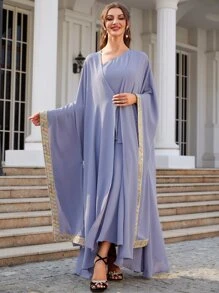 Al Najma Abaya brodé fleur & Robe ceinturée asymétrique - Prune - Voir 4
