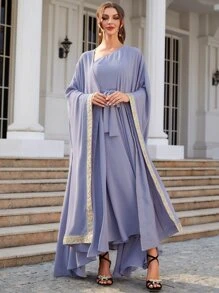Al Najma Abaya brodé fleur & Robe ceinturée asymétrique - Prune - Voir 6