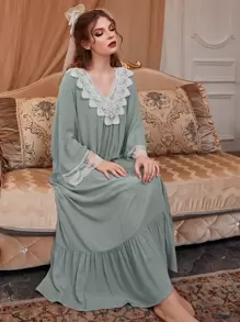 PalaceNights 凸纹蕾丝荷叶边下摆睡衣长裙、奢华家居服、Moo Moo 睡裙、秋季 - 薄荷綠 - 查看 6