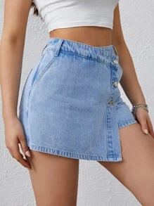 SHEIN EZwear 高腰前紐扣牛仔裙褲 - 淺色水洗藍 - 查看 3