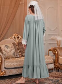 PalaceNights 凸纹蕾丝荷叶边下摆睡衣长裙、奢华家居服、Moo Moo 睡裙、秋季 - 薄荷綠 - 查看 2