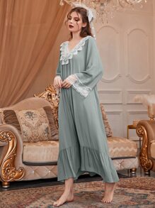 PalaceNights 凸纹蕾丝荷叶边下摆睡衣长裙、奢华家居服、Moo Moo 睡裙、秋季 - 薄荷綠 - 查看 3