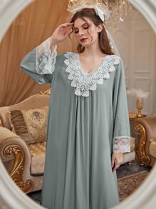 PalaceNights 凸纹蕾丝荷叶边下摆睡衣长裙、奢华家居服、Moo Moo 睡裙、秋季 - 薄荷綠 - 查看 4