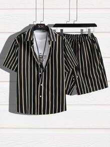 Manfinity Camisa de rayas con shorts - Negro - Ver 1