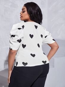 Slaydiva Plus Heart Print Puff Sleeve Blouse - White - View 2