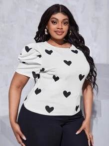 Slaydiva Plus Heart Print Puff Sleeve Blouse - White - View 5