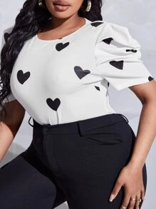 Slaydiva Plus Heart Print Puff Sleeve Blouse - White - View 6