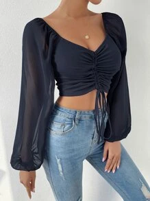 Chiquease Sweetheart Neck Drawstring Lantern Sleeve Crop Top - Navy Blue - View 5