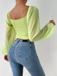 Chiquease Top con cordón escote corazón de manga farol - Verde Lima - Ver 2