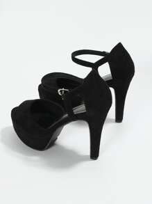 Fall/Winter Buckle Detail Stiletto Heeled Platform Ankle Strap Pumps, Black Elegant High-Heel Pumps For Women, Solid Color With Buckle Strap And High Platform,Sexy - Black - View 3