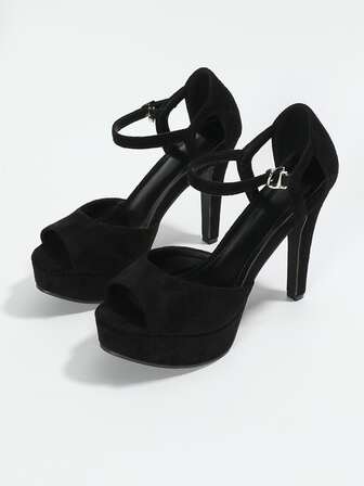 Fall/Winter Buckle Detail Stiletto Heeled Platform Ankle Strap Pumps, Black Elegant High-Heel Pumps For Women, Solid Color With Buckle Strap And High Platform,Sexy