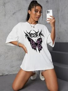 INAWLY 蝴蝶和字母图案超大 T 恤 图案 T 恤 女式上衣，男女通用 - 白色 - 查看 4