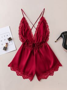 SilkySpell رومبير ساتان كامي مكشوف الظهر بدانتيل متباين وأشرطة متقاطعة - الأحمر - مشاهدة 2