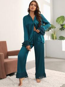 Notch Collar Satin Blouse and Ruffle Hem Trousers PJ Set - Teal Blue - View 4