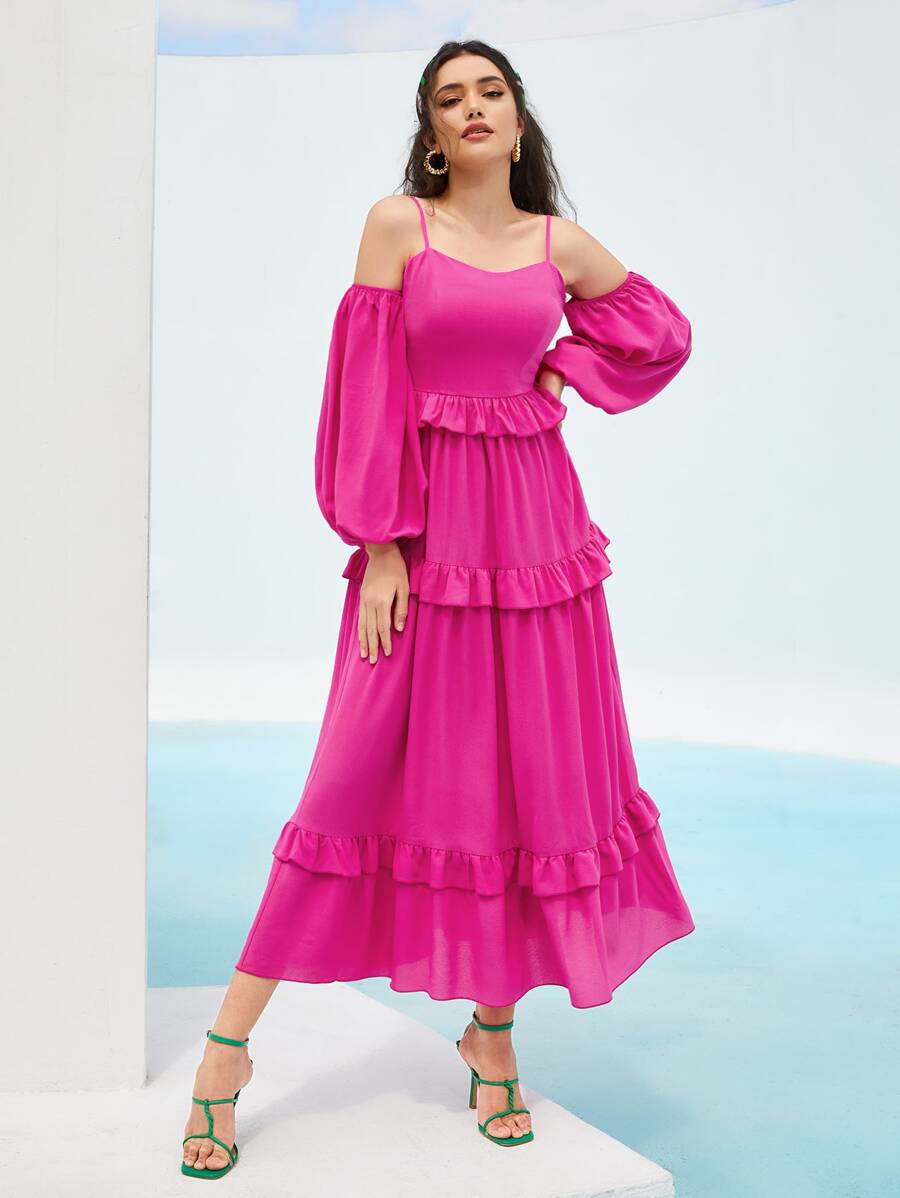 Mulvari Vestido de hombros descubiertos de manga farol bajo con fruncido - Rosa Fucsia - Ver 1