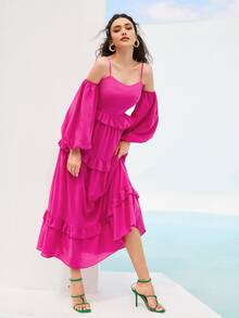 Mulvari Vestido de hombros descubiertos de manga farol bajo con fruncido - Rosa Fucsia - Ver 6