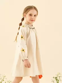 Fete 1buc rochie cu mâneci lanternă cu broderie florală