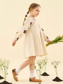 Fete 1buc rochie cu mâneci lanternă cu broderie florală
