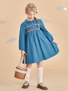 女孩打褶燈籠袖娃娃裙 - 藍色 - 查看 1