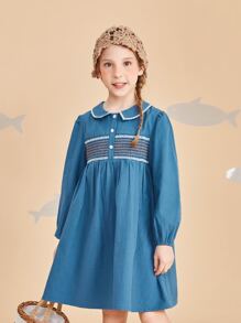 女孩打褶燈籠袖娃娃裙 - 藍色 - 查看 4