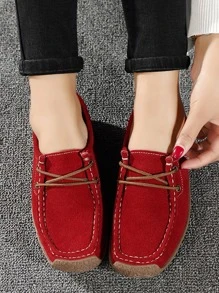 女士時尚紅色純顏色線條細節方頭平底鞋 - 紅色 - 查看 3