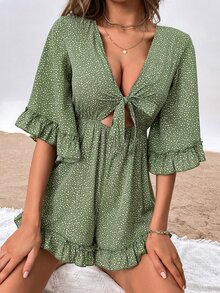 Ruffle Trim Tie Front Dalmatian Romper - Mint Green - View 3