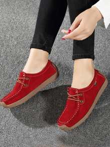 女士時尚紅色純顏色線條細節方頭平底鞋 - 紅色 - 查看 4