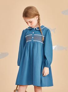 女孩打褶燈籠袖娃娃裙 - 藍色 - 查看 5