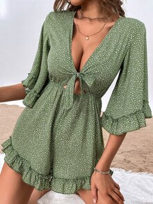 Ruffle Trim Tie Front Dalmatian Romper - Mint Green - View 4