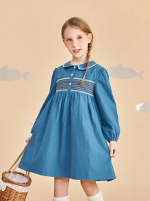 女孩打褶燈籠袖娃娃裙 - 藍色 - 查看 6