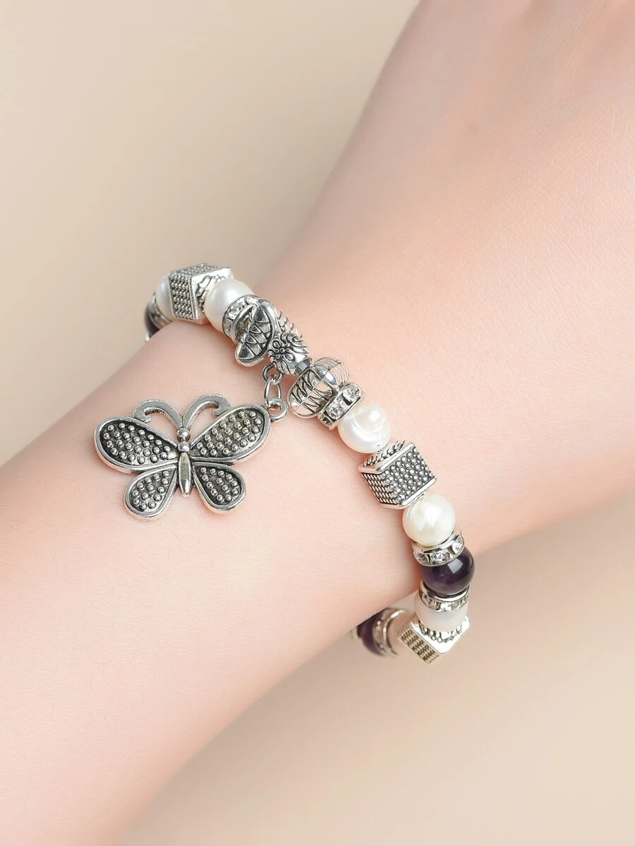 Bướm Charm Faux Pearl & chuỗi hạt trang trí vòng tay - Nhiều màu - Xem 1