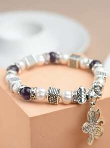 Bướm Charm Faux Pearl & chuỗi hạt trang trí vòng tay - Nhiều màu - Xem 3