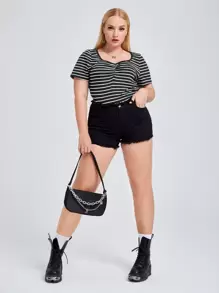 SHEIN Essnce Áo thun sọc cổ tim Plus, mùa hè - Đen và trắng - Xem 3