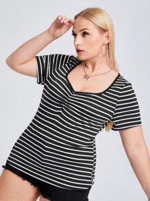 SHEIN Essnce Áo thun sọc cổ tim Plus, mùa hè - Đen và trắng - Xem 4