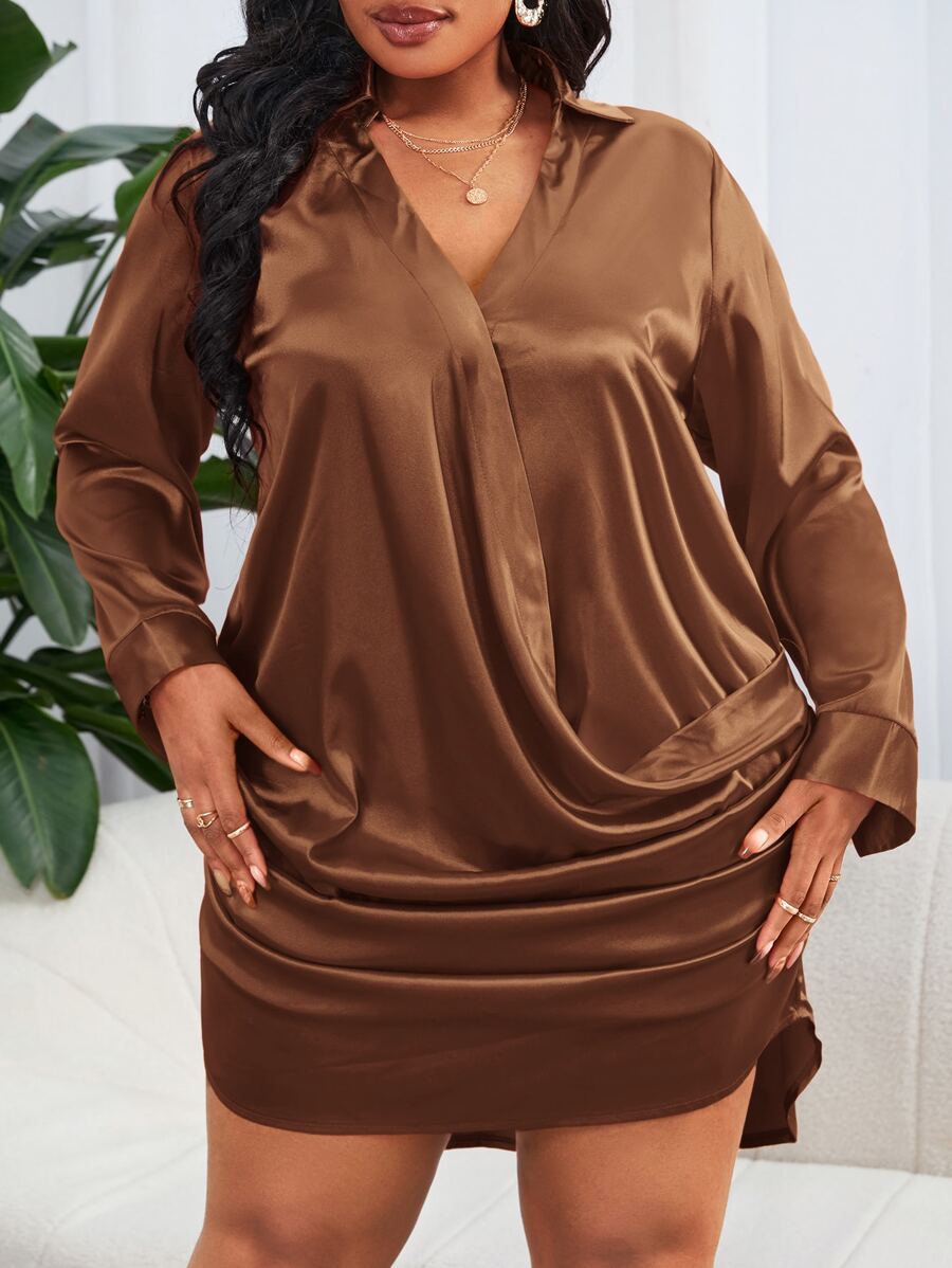 Slaydiva Vestido fruncido lateral bajo irregular de satén - Café integral - Ver 1