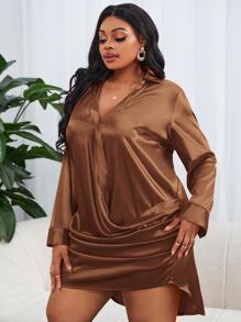 Slaydiva Vestido fruncido lateral bajo irregular de satén - Café integral - Ver 5