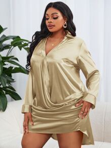 Slaydiva Plus Ruched Side High Low Hem Satin Dress - Apricot - View 5