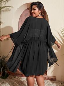 SHEIN Swim Curve Plus Guipure Lace Panel Batwing Sleeve Split Hem Kimono, For Summer Beach Vacation - Black - View 2
