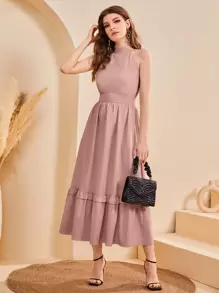 Mulvari 荷葉邊掛脖洋裝 - 藕粉色 - 查看 1