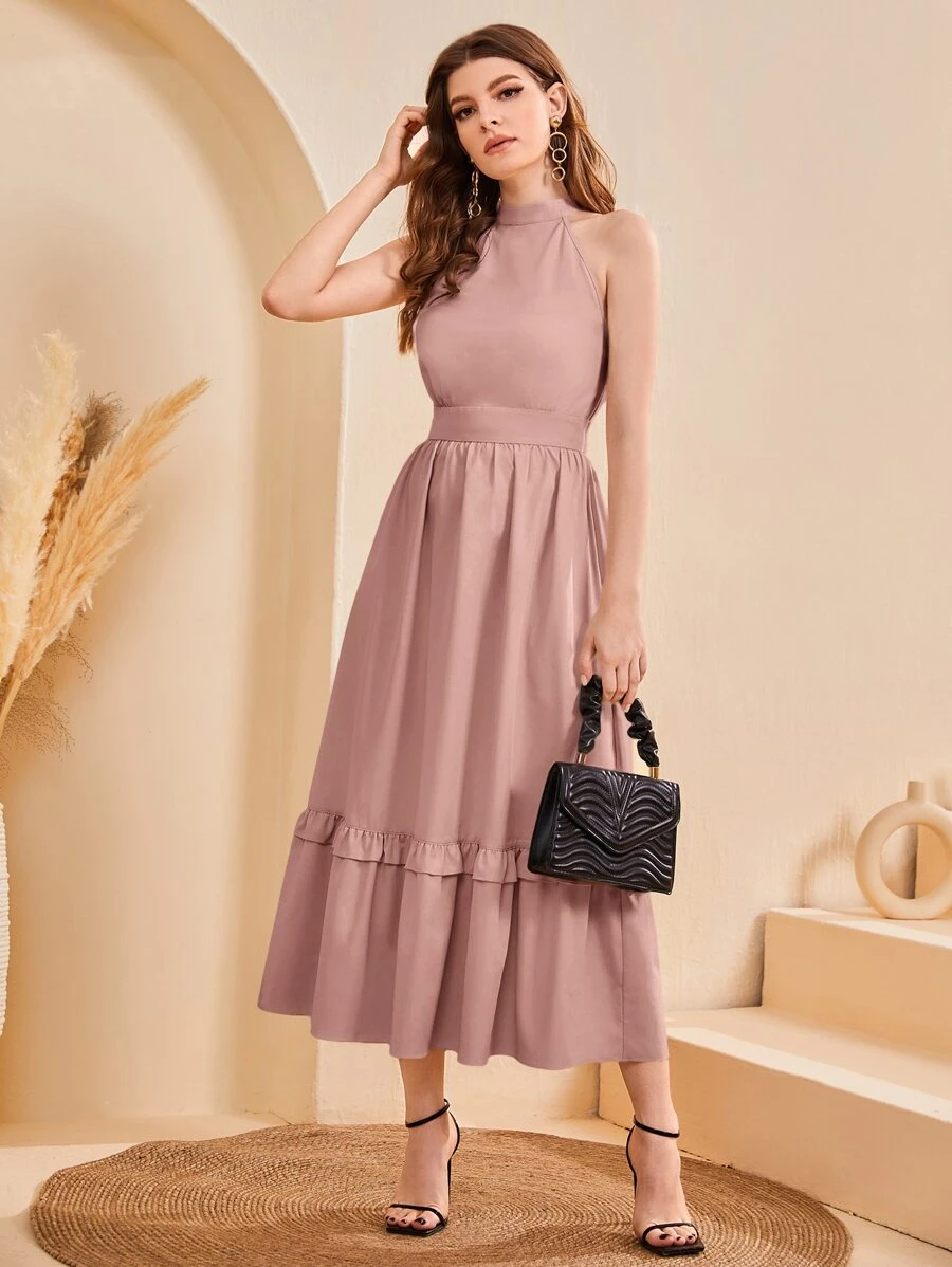 Mulvari 荷葉邊掛脖洋裝 - 藕粉色 - 查看 1