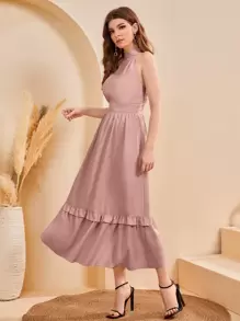 Mulvari 荷葉邊掛脖洋裝 - 藕粉色 - 查看 3