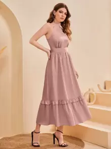 Mulvari 荷葉邊掛脖洋裝 - 藕粉色 - 查看 4