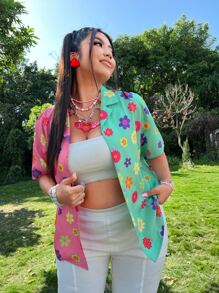 SHEIN Áo sơ mi Plus Size Nút phía trước Khối Màu Hoa Giải trí - Nhiều màu - Xem 1